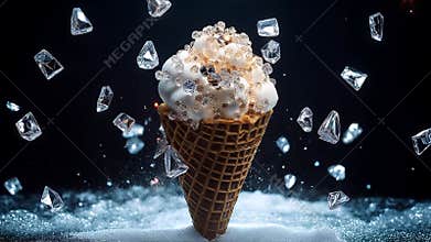 Delicious ice cream cone topped with sparkling gems in a creative display, AI Generated