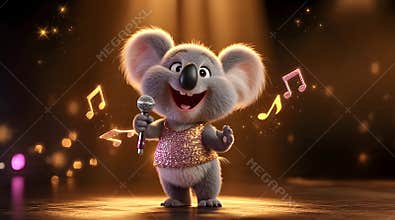 Chubby adorable koala singing on stage in sparkling outfit with musical notes around