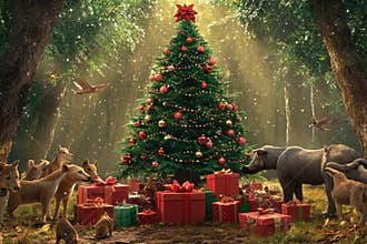 Magic of Christmas in a forest surrounded by joyful animals and gifts