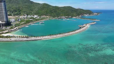 Aerial view of Ana Marina Nha Trang with beach club and parking for yachts in the North of city, central Vietnam