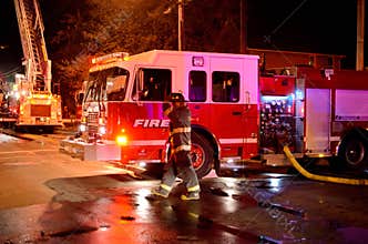 Fire truck at the scene of a fire.