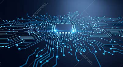 The image depicts a glowing blue microchip on a circuit board with various connections