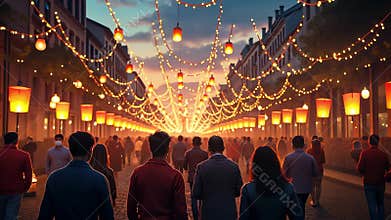 Night Parade Scenes. Vibrant lantern festival illuminating city street at sunset