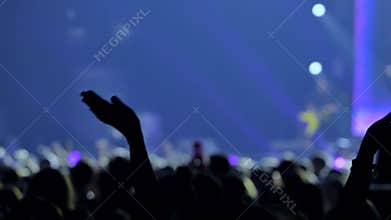 Crowd raising hands enjoying live dance music concert at night festival