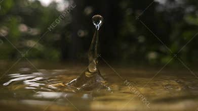 Water droplet splash ripple macro close up, liquid drop impact creating circular waves