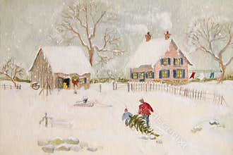 Winter scene of a farm with people
