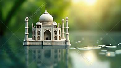 Miniature Indian Taj Mahal replica reflected through pristine dew droplet -