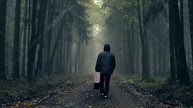 Man in coat with old suitcase in a foggy autumn forest