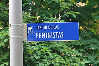 Street sign Jardín de las Feministas in Madrid, Spain