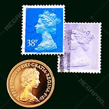 UK purple and blue stamps with portrait of Elizabeth II and 1980 Australian Gold sovereign on black background