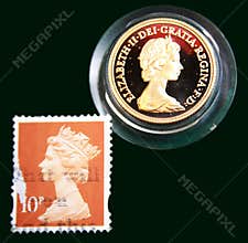 UK light brown stamp with portrait of Elizabeth II and 1980 Australian Gold sovereign on black background