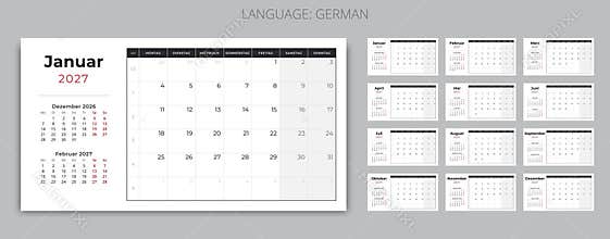 German calendar 2027 for Germany, Austria, Switzerland kalender planner set printable 12 months design