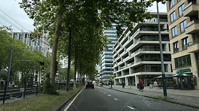 Urban street corridor with forward arrow, lined by leafy trees and modern