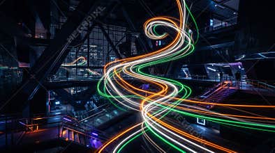 Vibrant streaks of glowing energy pulse through the grand architectural structure of a futuristic nighttime metropolis
