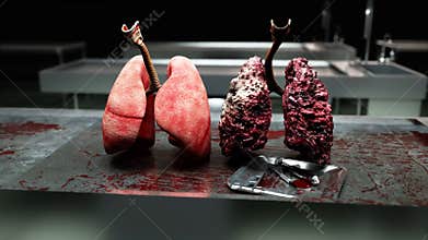 Healthy lungs and disease lungs on morgue table. Autopsy medical concept. Cancer and smoking problem.