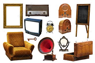 Collection of vintage retro home related objects isolated on white