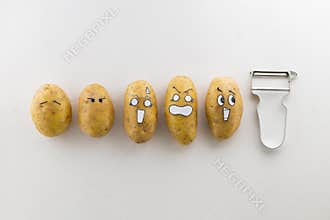potatoes with scared cartoon faces