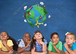 Kids thinking together and blue wall with planet earth world
