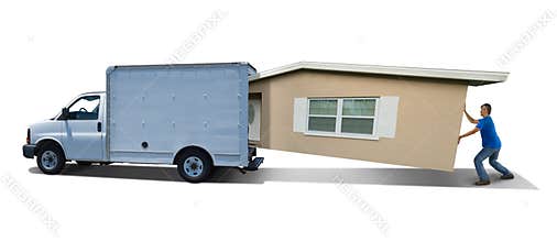 Man struggling cramming home house into moving truck van on moving day