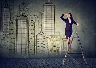 Business woman on a ladder looking far away forecasting real estate market