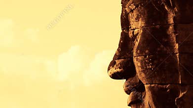 Zoom Out of Stone Carving of Buddha's Face on Temple Wall - Angkor Wat Temple Cambodia