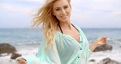 Pretty Blond Woman Wearing Light Mint Beachwear