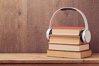 Audio books concept with stack of old book and headphones on wooden table