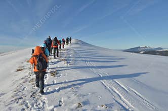 Mountain hiking in winter. Large group of hikers with backpacks walk on mountain track covered by snow under bright sunlight