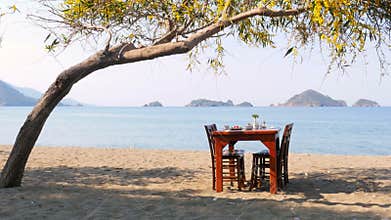 Turkish breakfast at beach by sea, fethiye, turkey