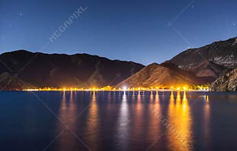 Night sky under Adrasan bay. Adrasan village location, District of Kemer, Antalya Province, Turkey.