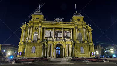 The building of the Croatian National Theater night timelapse hyperlapse. Croatia, Zagreb.