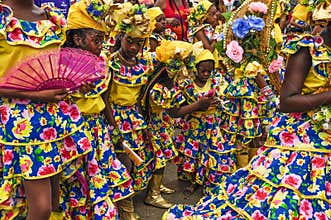 A group of dancers dressed in Spanish style represent Trinidad and Tobago's Spanish cultural heritage
