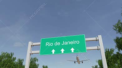 Airplane arriving to Rio de Janeiro airport. Travelling to Brazil conceptual 4K animation