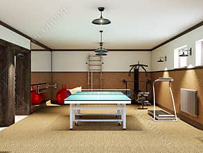 Home gym in the basement with fitness equipment and table tennis
