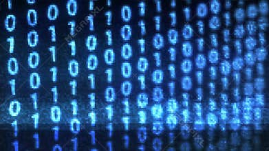 Technological Digital binary data glitch background with binary code. Binary digits 1 and 0 on blue background.