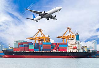 Cargo plane flying above ship port for logistic import export