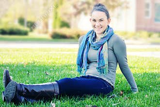 College Girl Sitting on Lawn