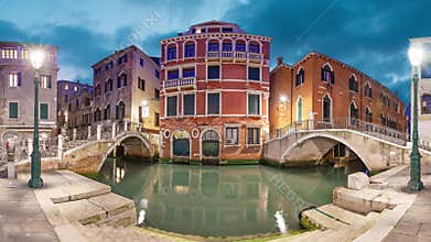 Two bridges and red mansion in the evening, Venice