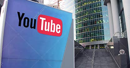 Street signage board with YouTube logo. Modern office center skyscraper and stairs background. Editorial 3D rendering 4K
