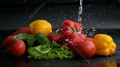 Water splashing on vegetables in slow motion