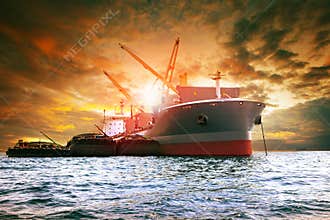 Large container ship loading industries product for logistic bus