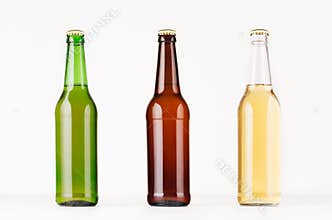 Collection longneck beer bottles 500ml different colors, mock up. Template for advertising, design, branding identity on white woo