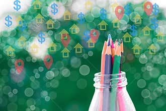 Color pencil in bottle with house and dollar currency vector on a blurred tree background in nature. using wallpaper for business
