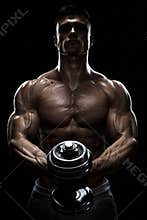 Silhouette of a bodybuilder pumping up muscles with dumbbell