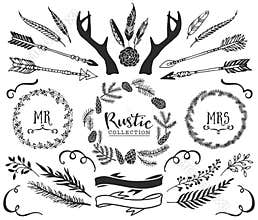 Hand drawn antlers, arrows, feathers, ribbons and wreaths