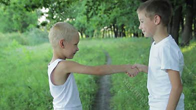 Two boys shaking hands in the park