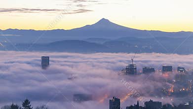Ultra High Definition 4k Time Lapse Movie of Sunrise with Rolling Fog Over Mt. Hood and City of Portland OR