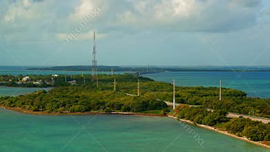 Highway passing through an island early in the morning with traffic moving both directions