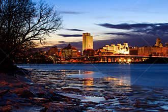Albany NY view from the Rennsaeler boat dock on an icy night