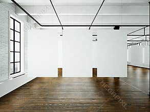 Modern art museum expo in loft interior. Open space studio.Empty white canvas hanging.Wood floor, bricks wall,panoramic